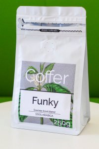 Coffer Funky 100% Arabica blend szemeskávé teszt csomagolás